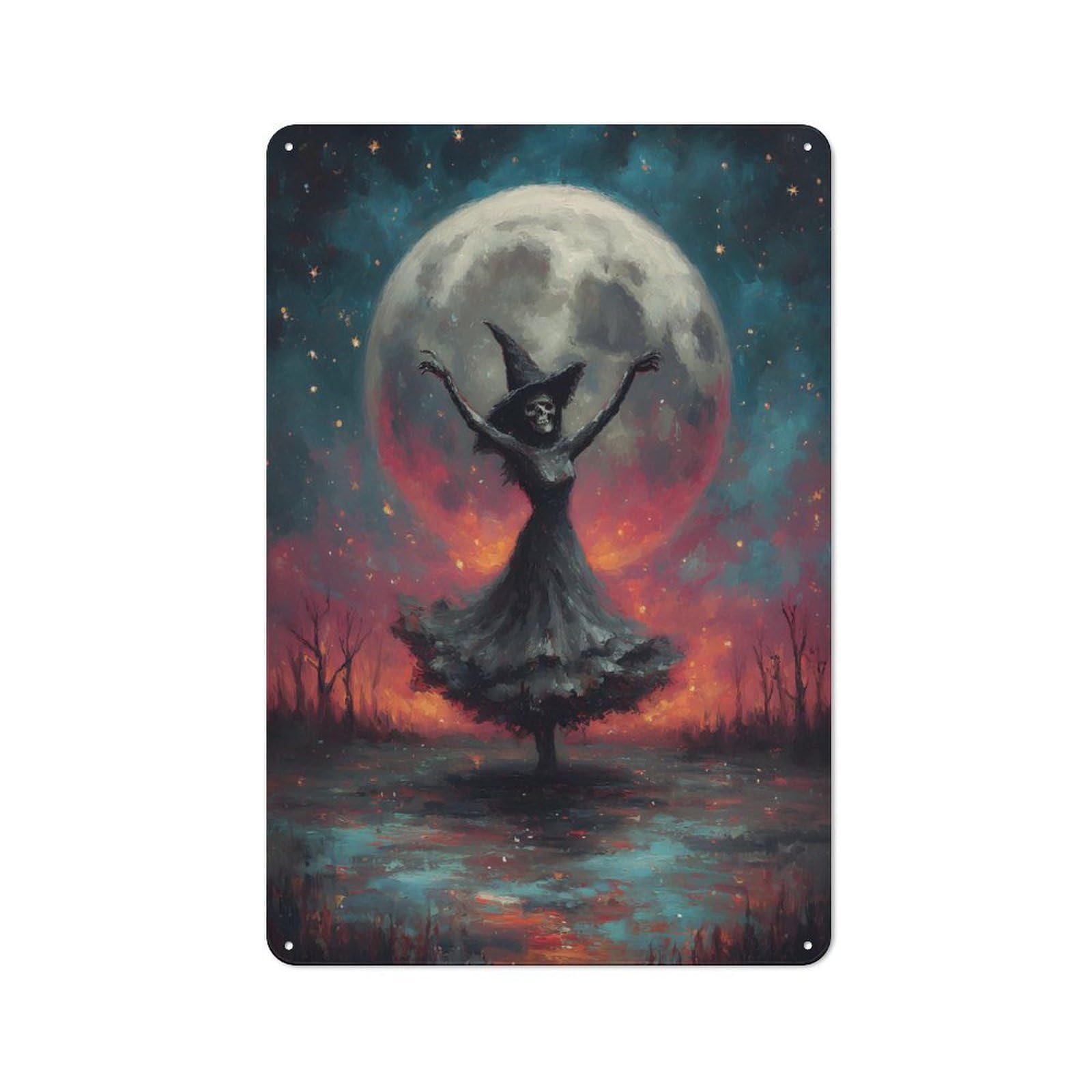 Vintage Tin Sign 30x20cm with Witch Skeleton Dancing Under Full Moon for Café Or Restaurant, Suited to Wall Displays in Cafés And Restaurants