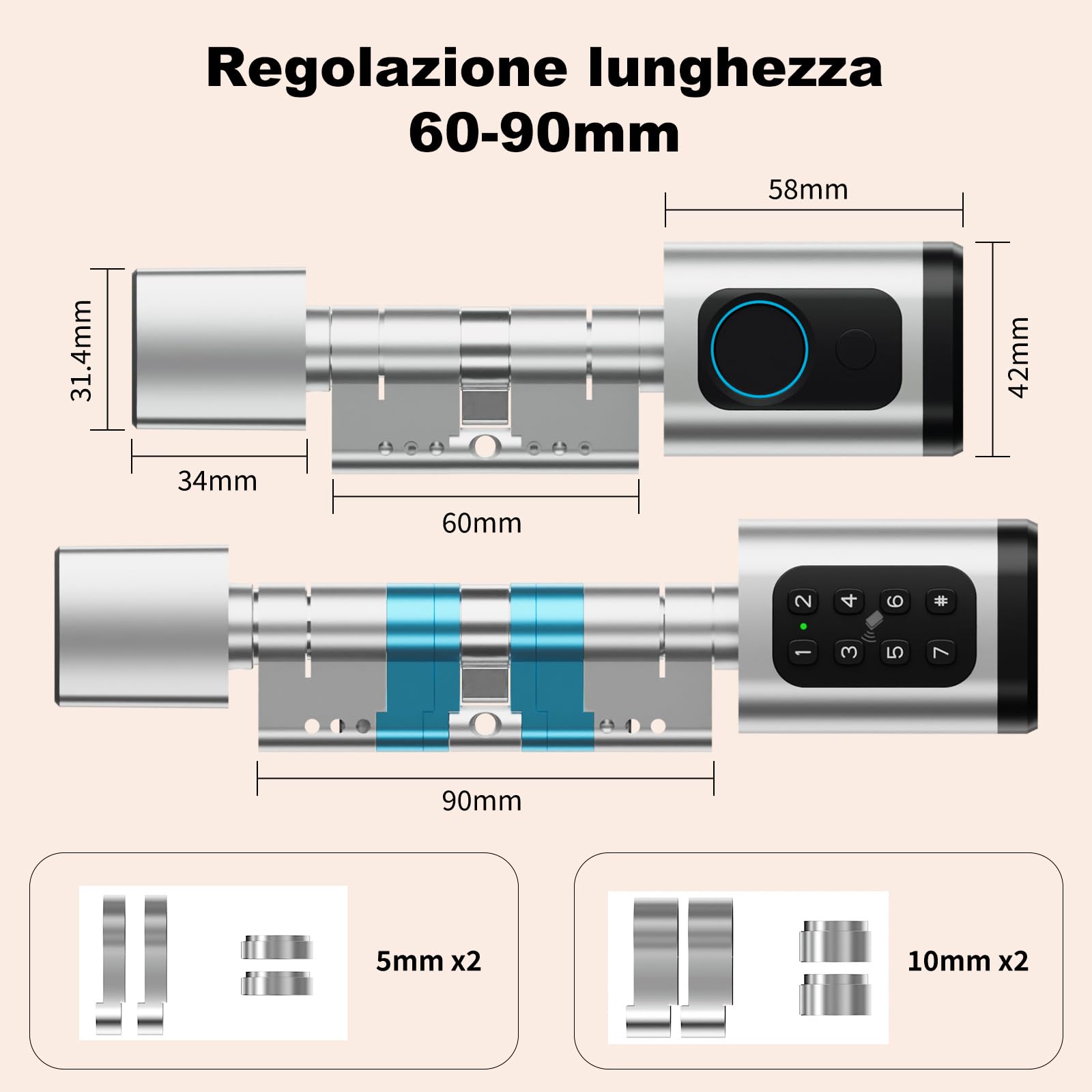 Serratura smart, serratura elettrica porta blindata con impronta digitale, lunghezza regolabile serratura elettrica con scheda RFID, app, WiFi, Bluetooth, 60–90 mm, accessori di prolunga, argento
