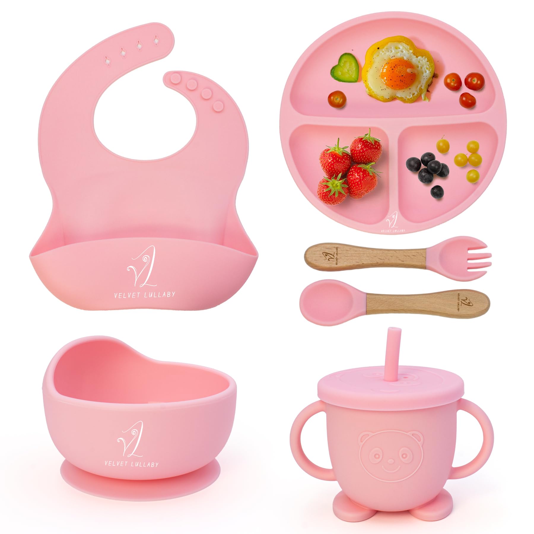 Velvet Lullaby Baby Feeding Set - Silicone Bib, Suction Plate, Bowl, Fork, and Spoon - BPA-Free and Dishwasher Safe (Petal Pink)