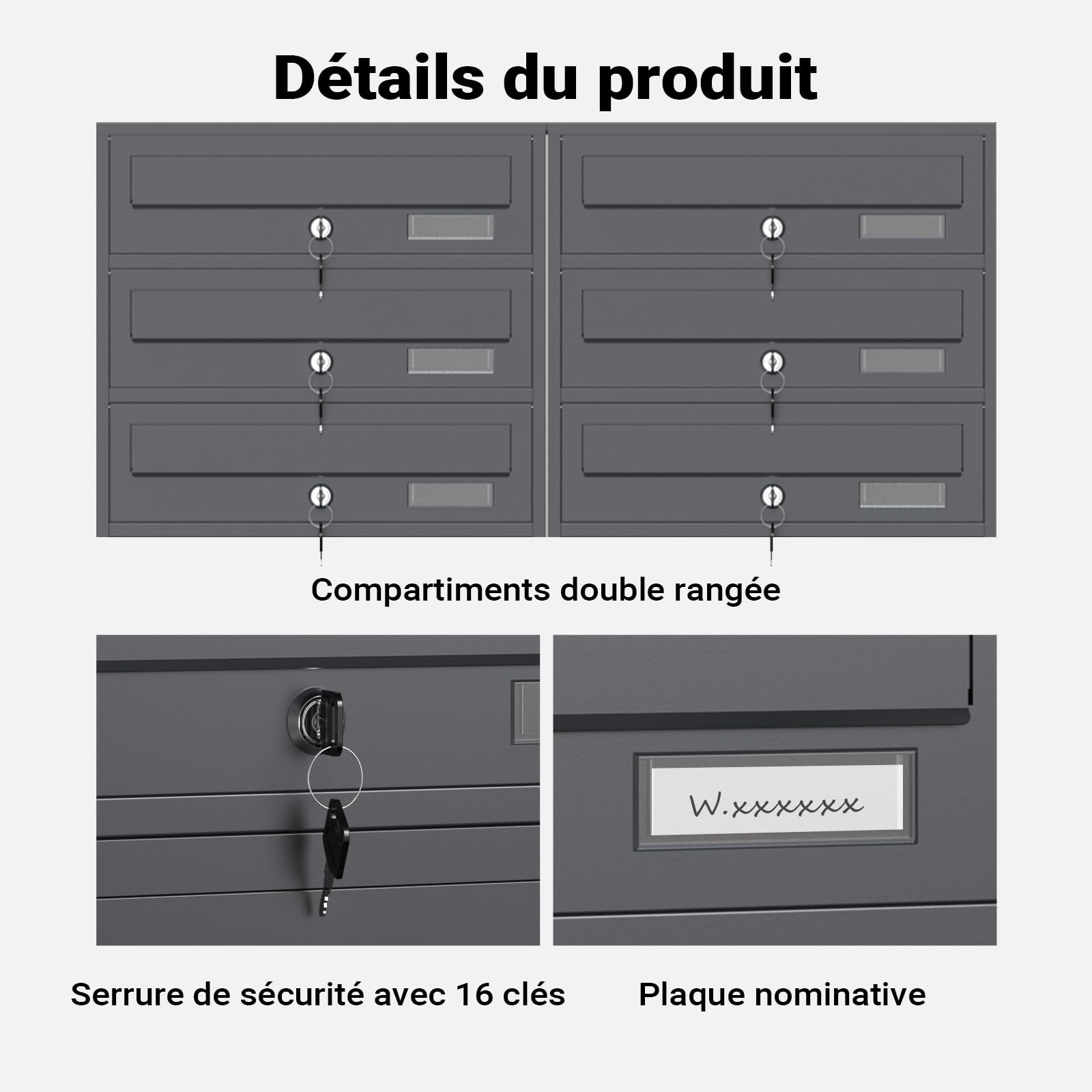 Wiltec Boîte aux Lettres sur Pieds Gris Anthracite 945 x 270 x 1500 mm, avec 8 Compartiments verrouillables 2x4 et Porte-nom, Revêtement en Poudre, pour Courrier