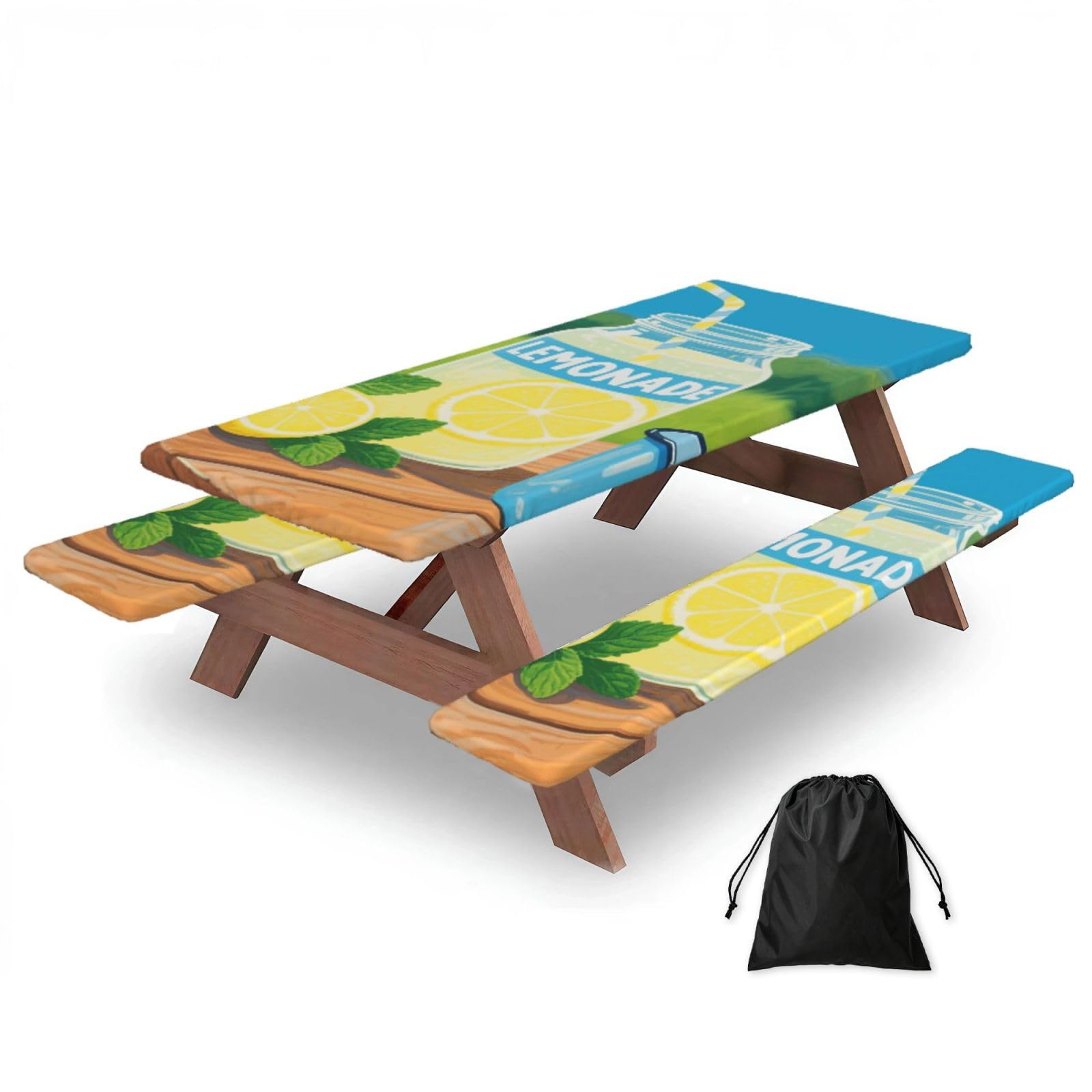 FekiLoot Lemonade Picnic Table Cover with Bench Covers and Bag, Windproof Waterproof Rectangle Tablecloth with Elastic Edges Fitted Camping Table Covers for Picnic Party Travel