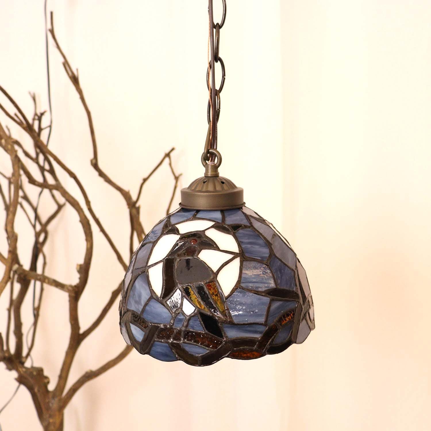 Bieye L12007 Raven Tiffany Style Stained Glass Ceiling Pendant Light (Dark Blue, 8 inches Wide)