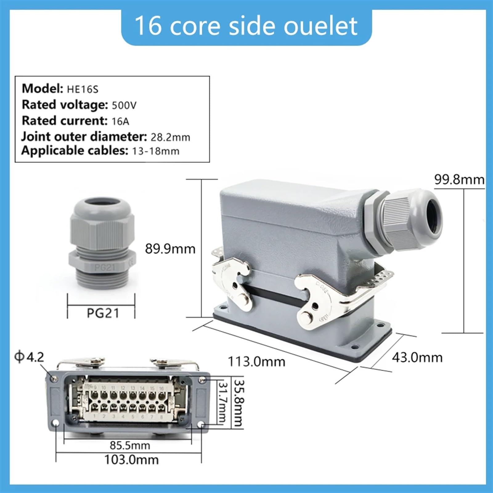 Rectangular Heavy Duty Connector HDC HE 16 Pins 500V 16A Contact Industrial Power Screw Socket Side/Top Entry HDC-HE-16(Side Entry)