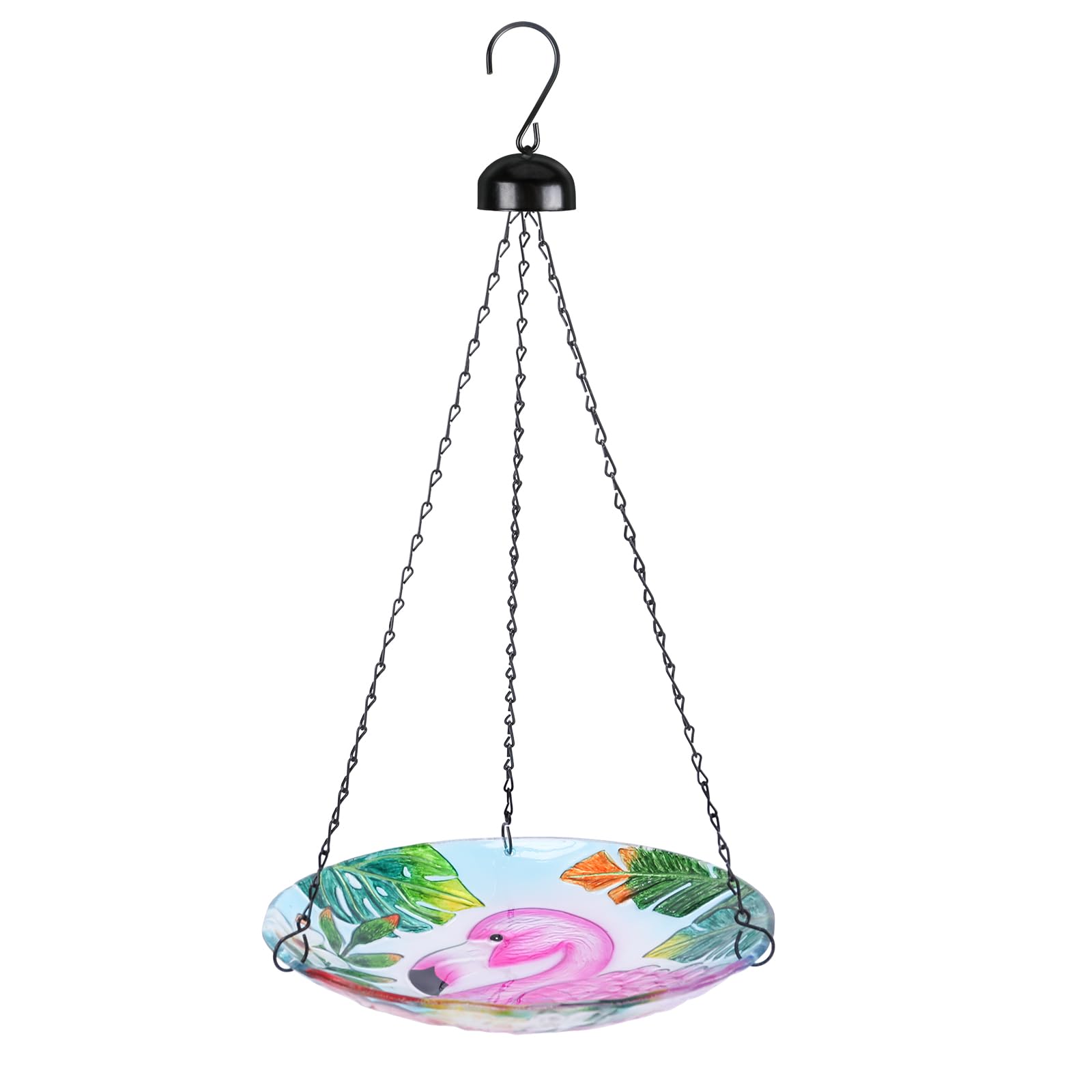 VCUTEKA Glass Hanging Bird Bath for Outdoors, BirdBaths with 21-Inch Rust-Proof Chain, Garden Yard Decor, Flamingo Pattern
