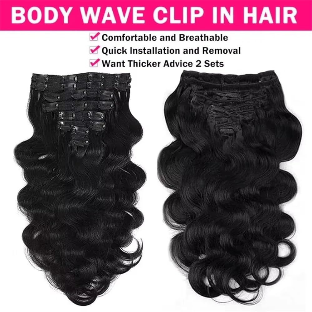 Body Wave Clip Ins przedłużki z prawdziwych włosów, falowane, na całą głowę, dla czarnoskórych kobiet, naturalne, prawdziwe włosy Remy, grube końcówki, 120 g, 35,6-66 cm