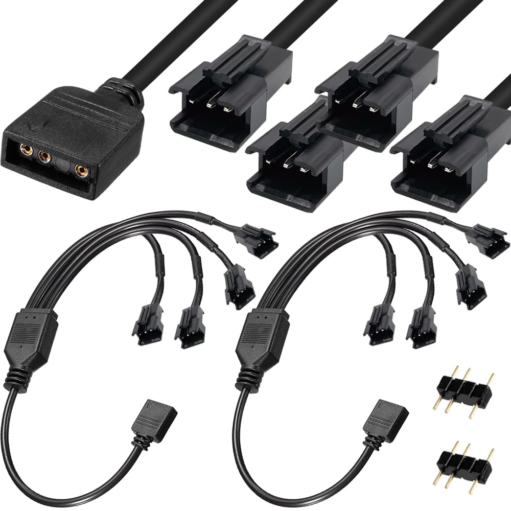DKARDU ARGB LED Splitter Cable, 5V 3Pin Addressable RGB Splitter Cable with 4 x SM 3Pin Male Connector for PC Fan Power, Computer Chassis Motherboard (1 to 4 Type, 2 Pack)