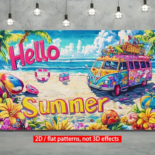 Image of 71x43 Inch Hello Summer Banner Retro Camper Van Beach Backdrop Floral Tropical Yard Decorations Seasonal Outdoor Decor Fence Sign