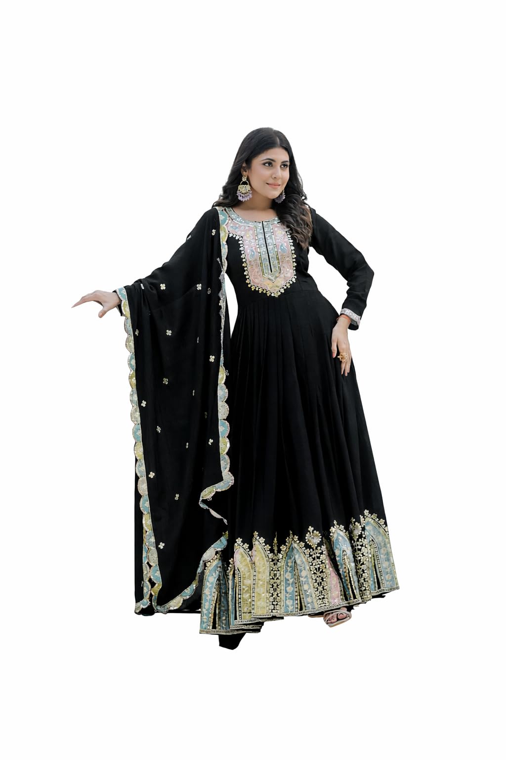 Women’s Designer Anarkali Gown Set with Dupatta | Roman Silk Anarkali with Coding Sequence Work