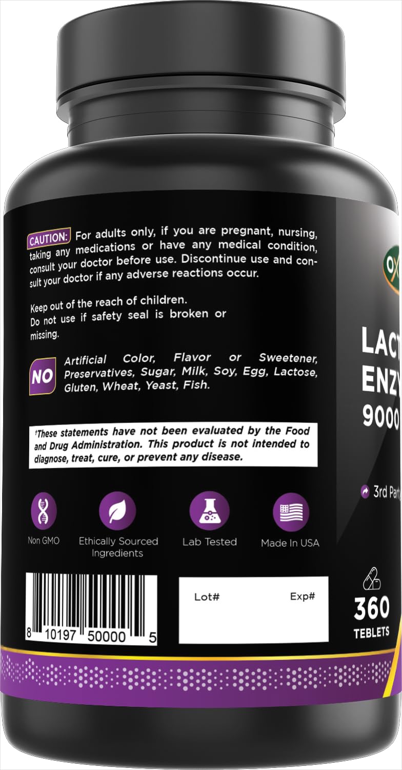 Oxify Lactase Enzyme 9000 FCC ALU | 360 Tablets | Gluten-Free, Non-GMO | Supplement Made in USA — Amazon image 6