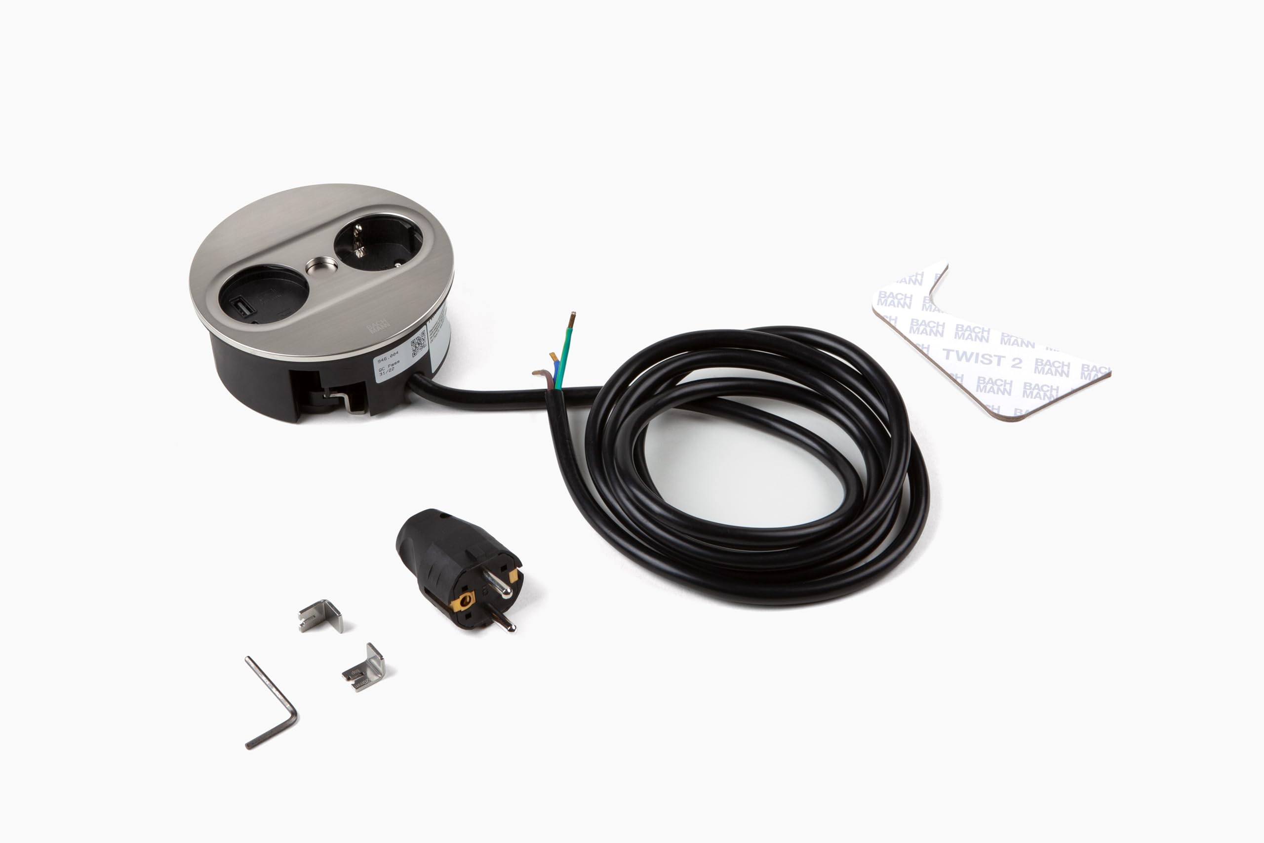 BACHMANN Gniazdo wtykowe do zabudowy Twist 2, okrągłe, 1 x gniazdko z USB A i USB C, 2 m, do kuchni i biura, wygląd stali nierdzewnej 946.004 (z automatycznym otwieraniem i powłoką zapobiegającą