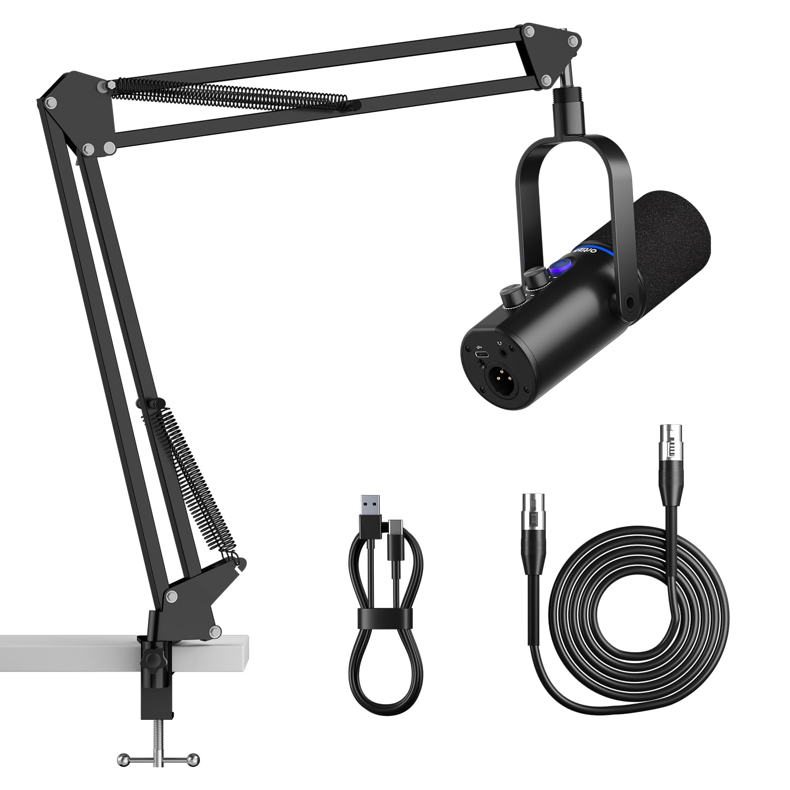 Ortizan XLR/USB Dynamic Microphone, Podcast Microphone, Condenser Microphones with Mute Button, Reverb Effects, Noise Cancellation, Boom Arm Stand, Headphones Jack, Streaming/Recording/Gaming-Black