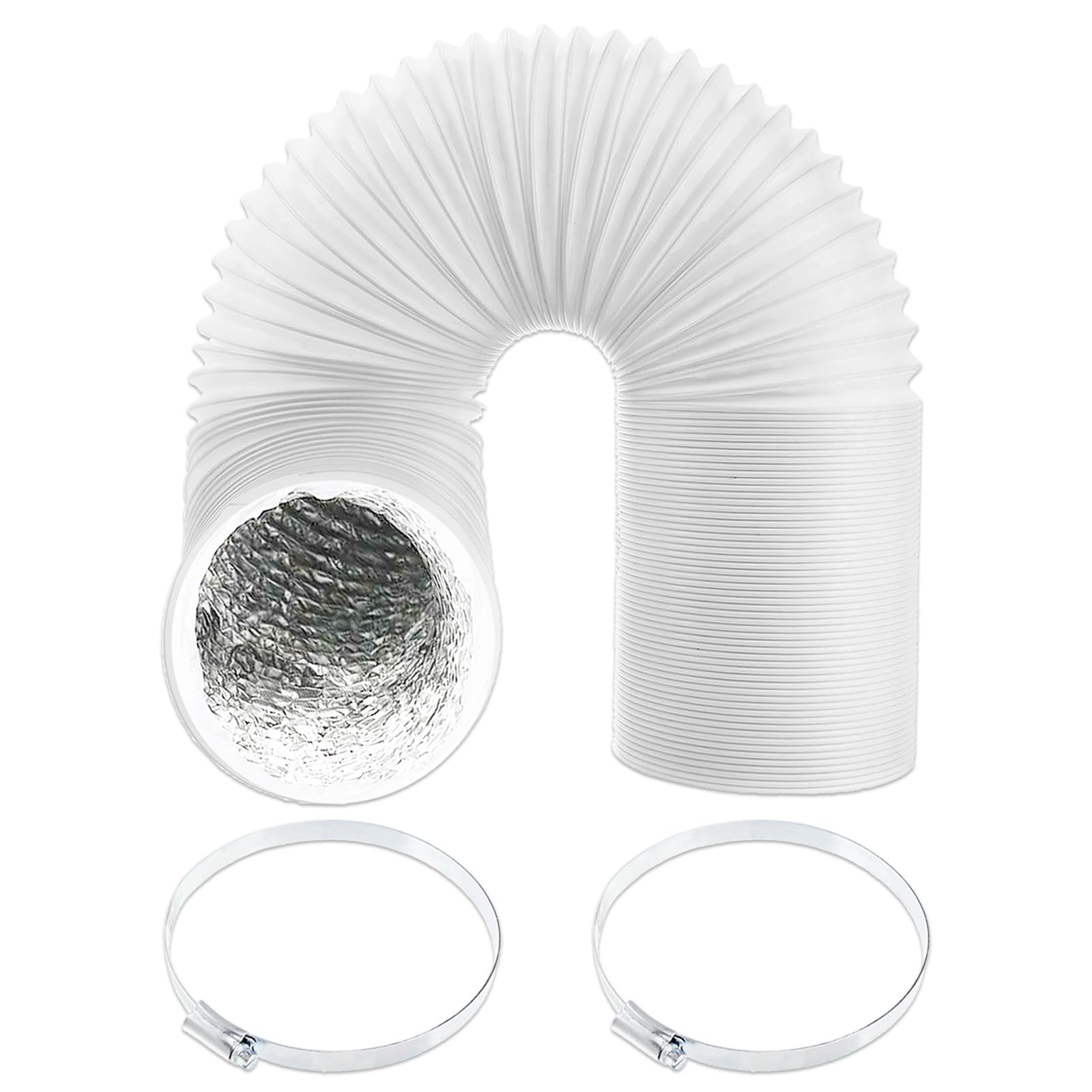 SPARES2GO Air Conditioning Duct Hose Insulated Aluminium Foil Lined Universal Flexible AC Vent + Steel Screw Pipe Clips x 2 (150mm / 6" x 3 Metres, White)