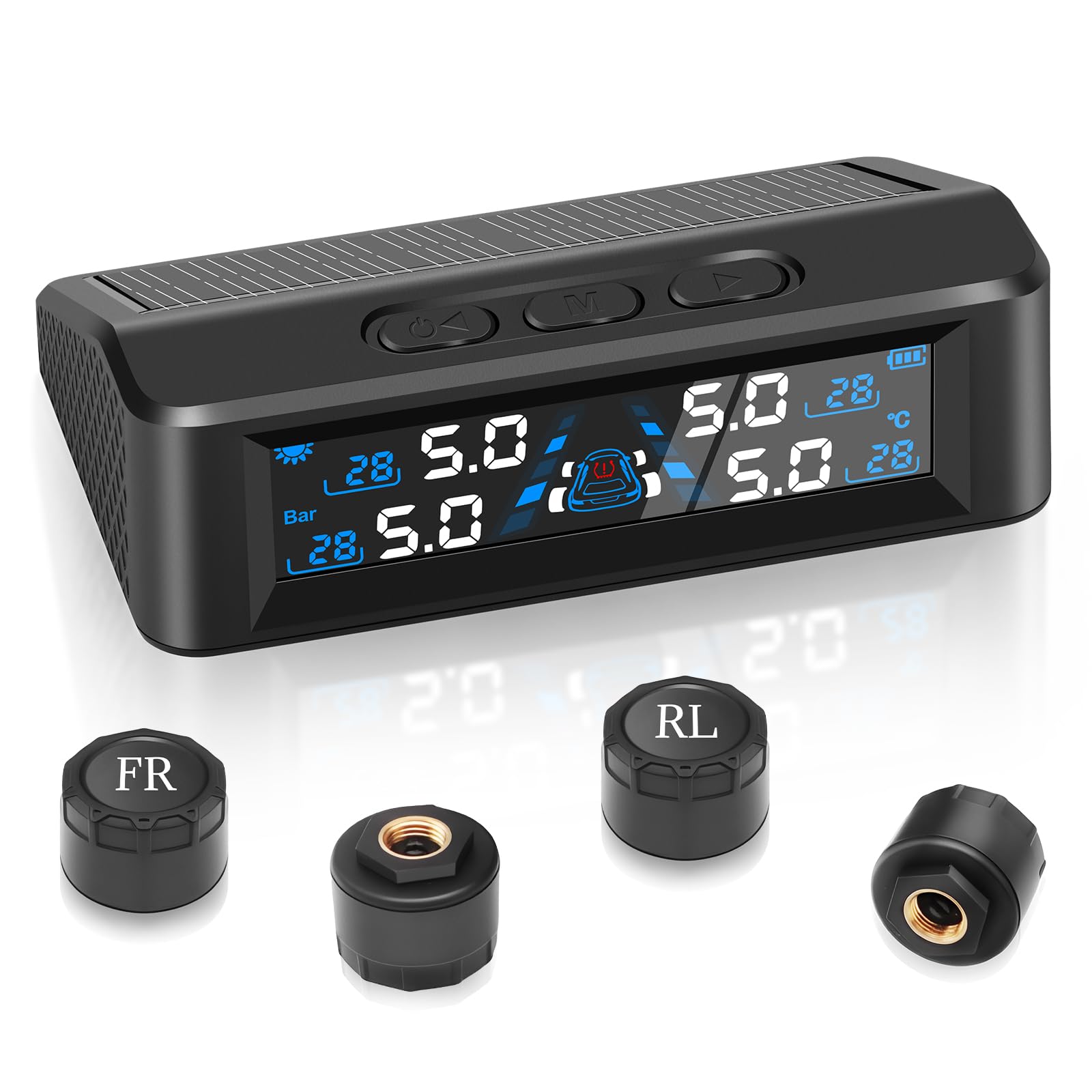 TPMS Sistema Monitoreo Presión Neumáticos, Carga Solar/USB, Alertas Cabina/Temperatura, Compatible Autocaravana/Berlina/SUV/MPV/Remolque (4 Sensores, 72 PSI/5 Bar)