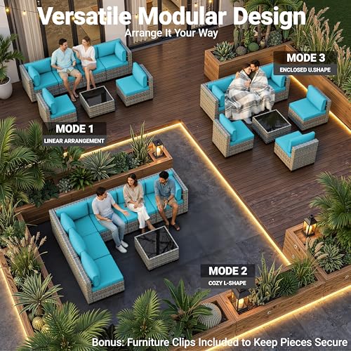 Image of Outdoor PE Wicker Rattan Modular Patio Sectional Sofa Set | 7-Piece: 6 Modular Seats & Coffee Table with Thick Cushions, Lake Blue