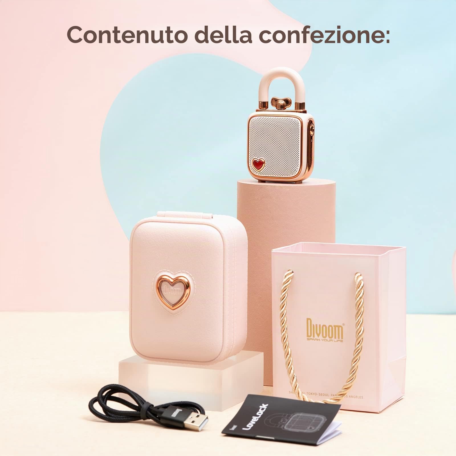 divoom Love-Lock, altoparlante Bluetooth, piccolo altoparlante portatile, wireless, stereo pairing retrò, decorazione da scrivania, per ragazze, rosa