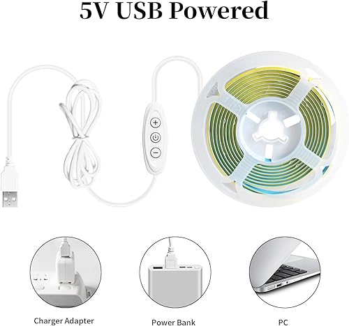 Miniatura 6 de iNextStation Tira de luz LED COB USB, 6.6ft 2M 5V 640LEDs 6000K blanco frío USB tiras LED regulables CRI 93+ cinta de luces LED flexibles para