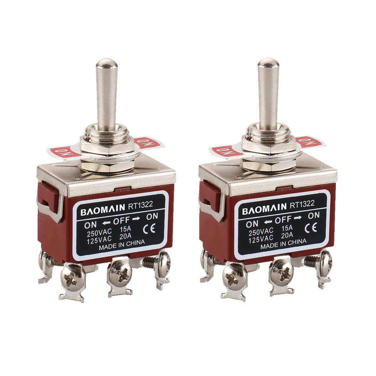 Front view of the Baomain DPDT ON/Off/ON Toggle Switch RT1322