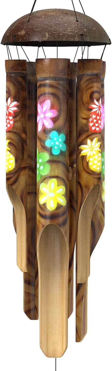 Piney Bamboo Wind Chimes - Outdoor Wood Wooden Windchimes, Tropical Design with Coconut Crown, Handcrafted with Calming Deep Tones, Ideal Home Decor or Gift for Any Occasion