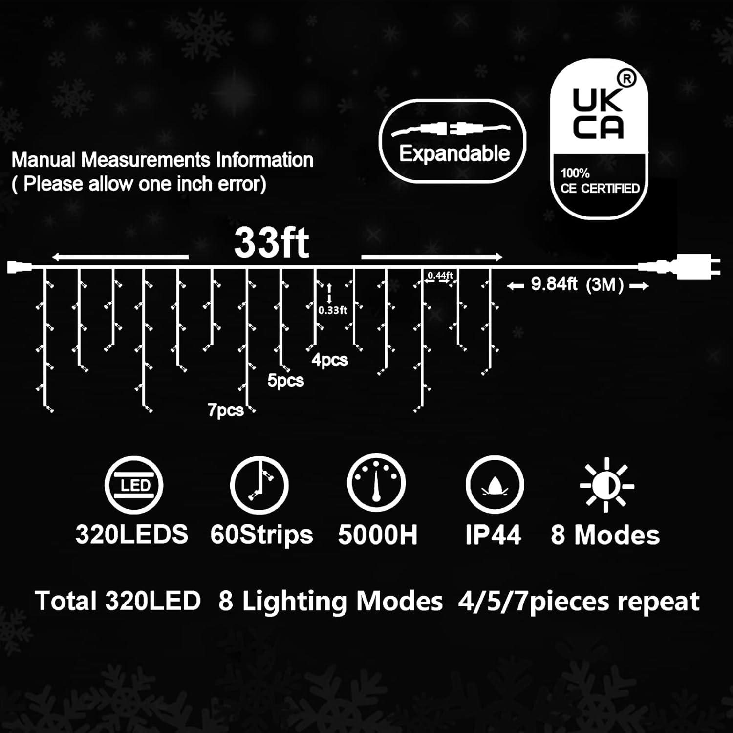33 FT 320 LED Icicle Christmas Lights Outdoor Decorations Clear Wire String Lights Plug in 60 Drops 8 Modes Timer Connectable Curtain Fairy Lights Waterproof for Holiday Wedding Party-Warm White - Image 5