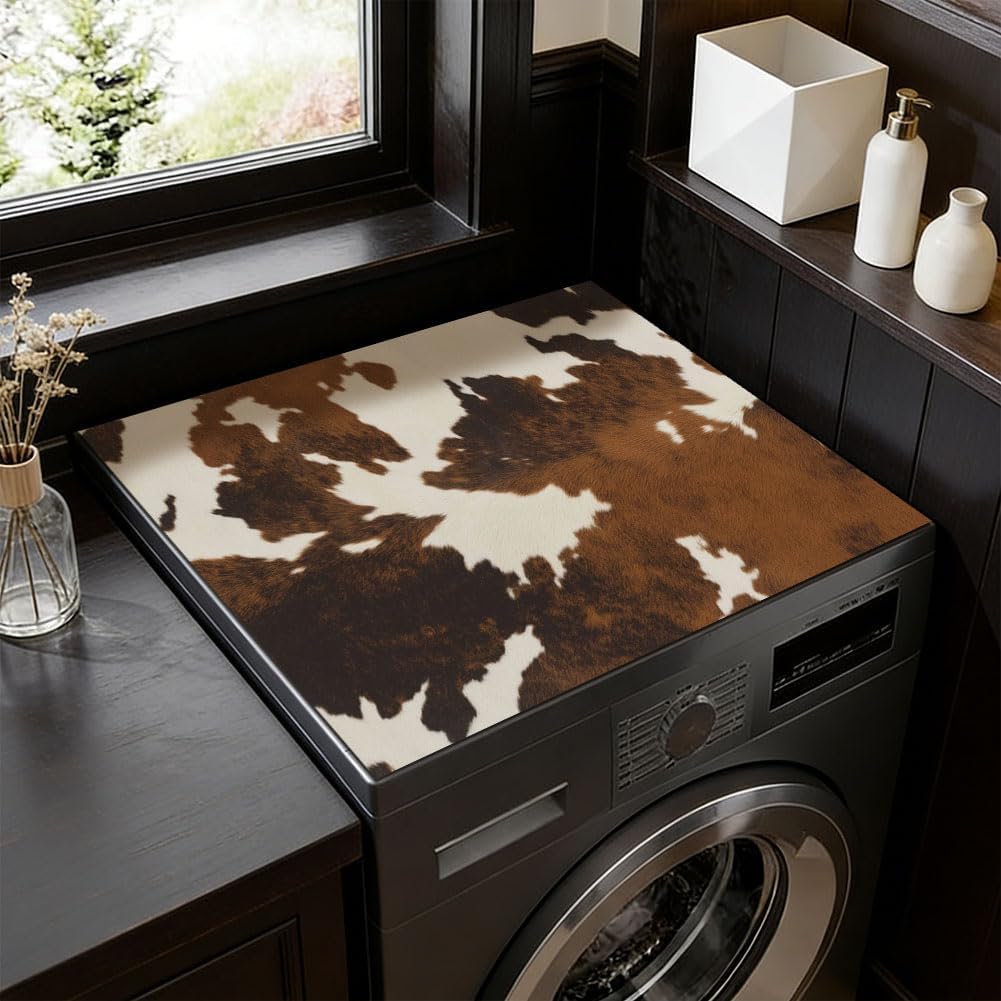 SUPERDANT Brown Cow Print Washer And Dryer Covers For The Top Vintage Washer and Dryer Topper Washing Machine Dust Cover Pad Protector Mat for Kitchen Laundry Room Home 23.6x19.7in