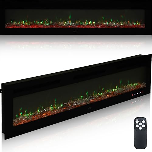 Chimenea eléctrica de 72 pulgadas montada en la pared y empotrada, chimenea LED con control remoto temporizador de 8 horas, 12 llamas, pantalla