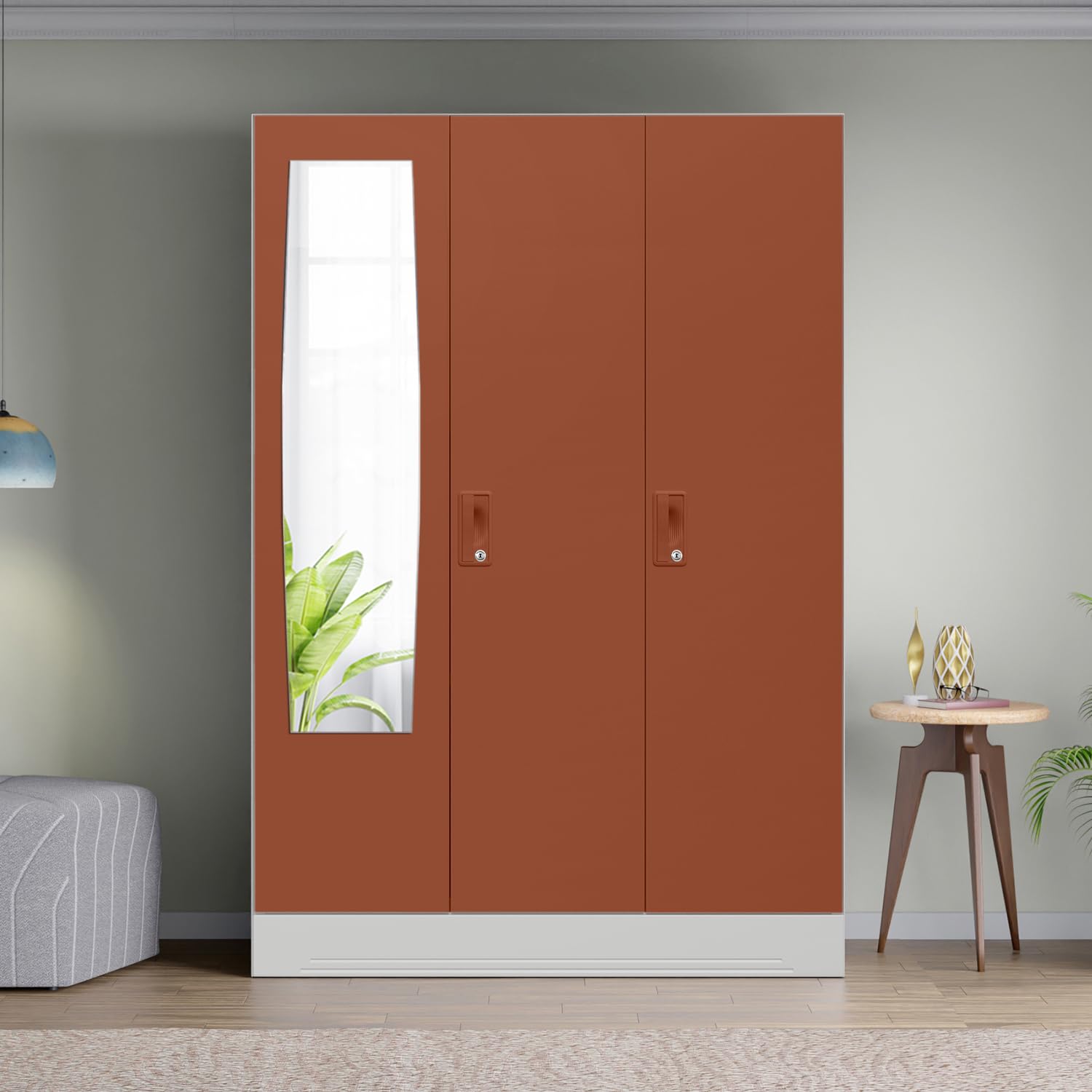 Interio by Godrej Slimline 3-Door Steel Almirah with Plain Mirror (Baked Clay), 1-Year Warranty, 1 Locker, 2 Drawers-picture-33