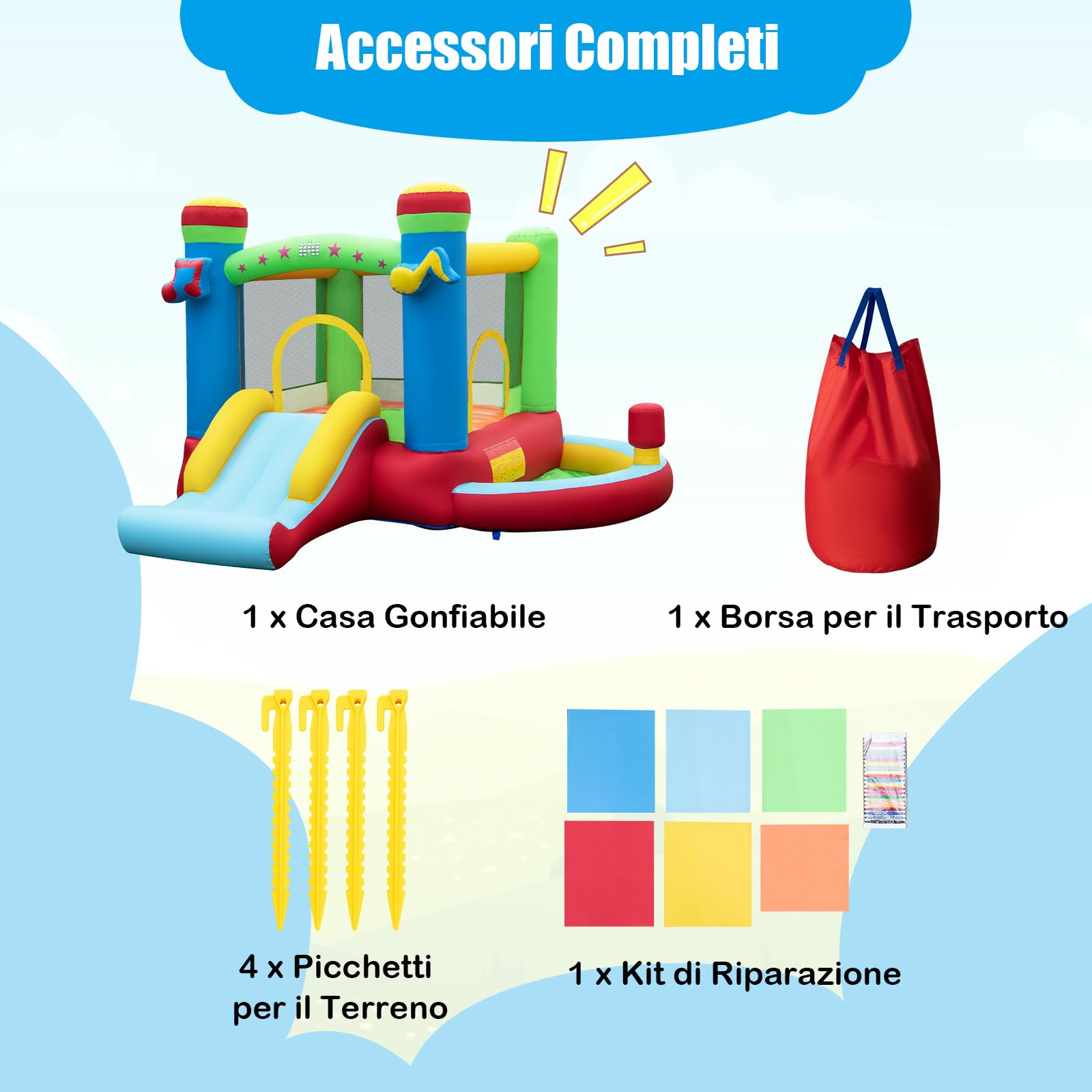 COSTWAY Castello Gonfiabile 5 in 1 per Bambini di Tema Musicale, Castello Gonfiabile con Scivolo, Trampolino, Piscina e Canestro, Gioco Gonfiabile da Interno ed Esterno, per Bambini da 3 a 12 Anni