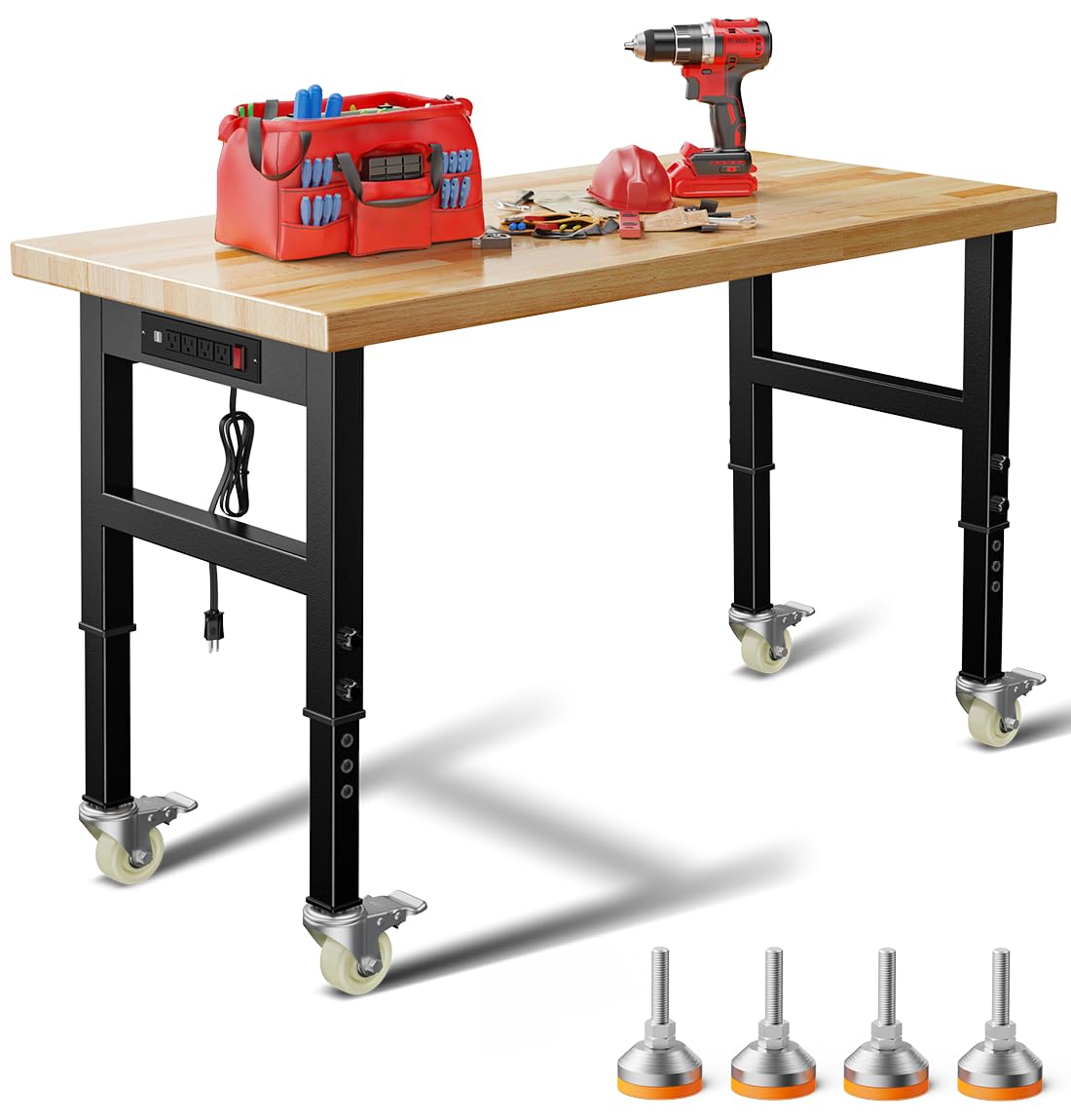 48" Adjustable Work Bench,Heavy Duty Garage Work Bench Table,Hardwood Top 2000 LBS Load Worktable,Rolling Mobile Workbench with Power Strip for Workshop Office Home