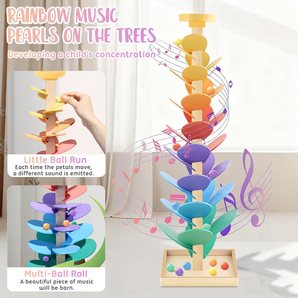 Arbre Sonore, Jouet Montessori en Bois avec Bille de Course, Circuit Billes Arc-en-Ciel 1 Base, 12 Billes, 6 Couleurs de 3 Ans pour Garçons/Filles