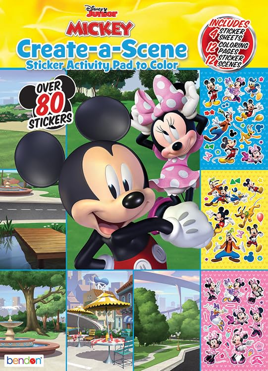 Mickey Mouse Create A Scene - Libro di attività con adesivi, motivo: Topolino, libro da colorare di Minnie, libri da colorare Disney, licenza ufficiale (80 pagine)