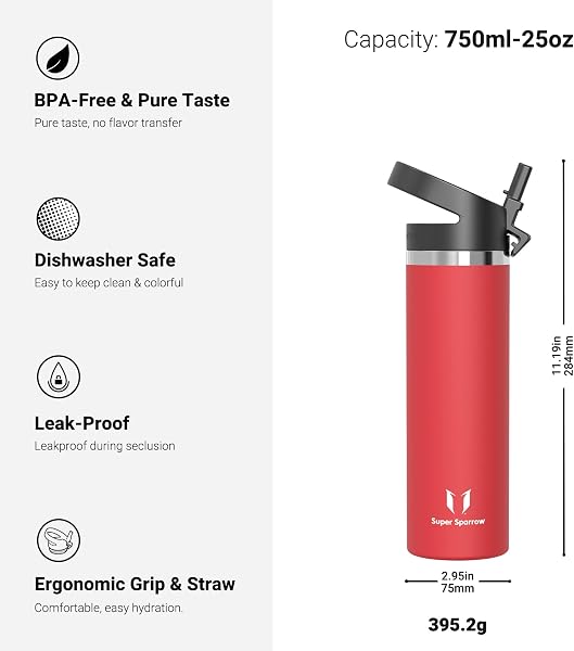 Super Sparrow Water Bottle Insulated - 500ml, 750ml, 1000ml, 1.2L, 1.5L - Wide Mouth Metal Bottle - SwivelSip Flask - BPA Free, Leak Proof - Ergonomic Straw Water Bottles for Gym, Travel, Sports - 3