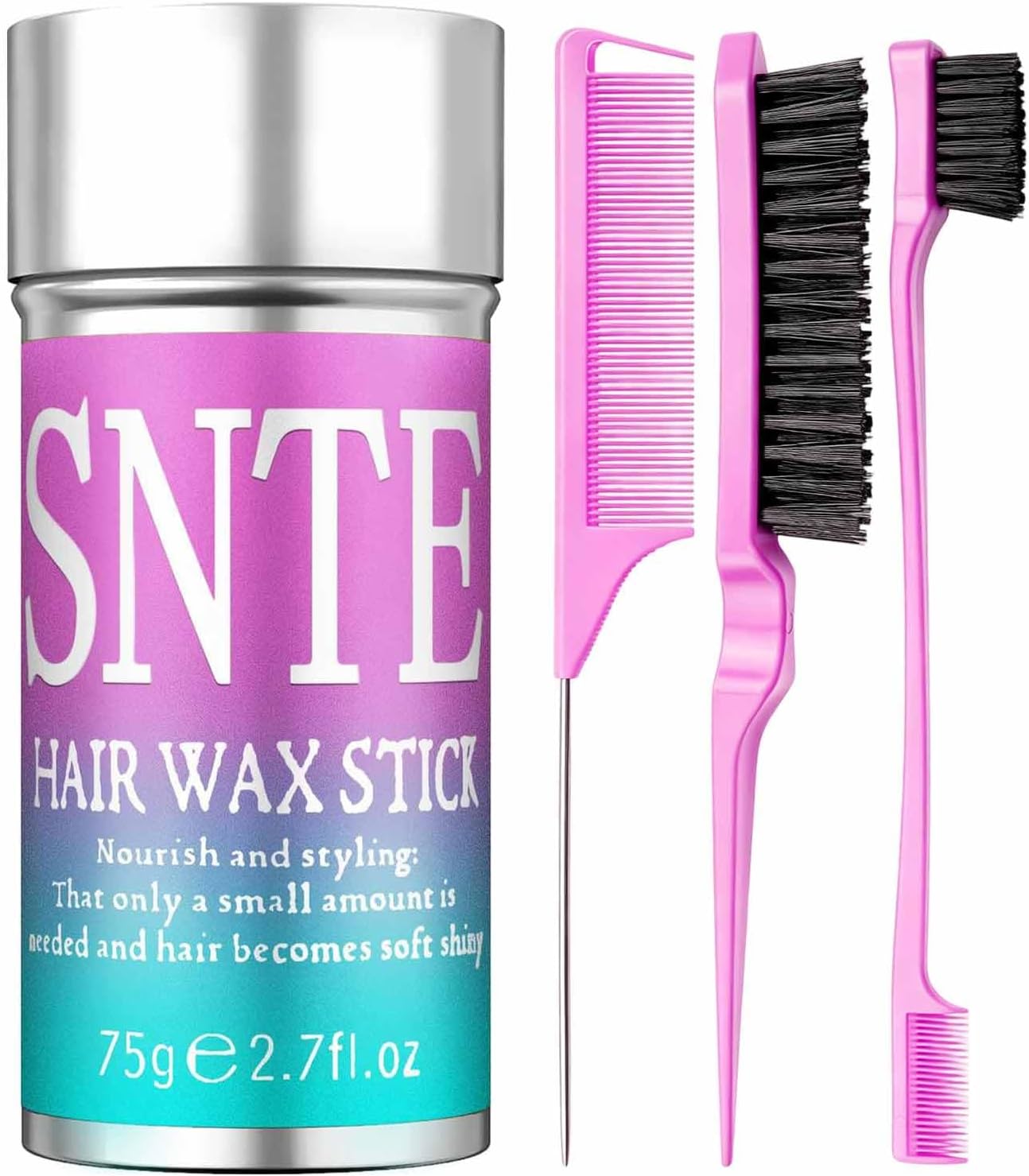 Hair Wax Stick and Slick Back Hair Brush Set to Tame Frizz, Flyaways, Sleek Ponytails, Buns & Braids - 12H Hold, Non-Greasy Hair Styling Kit, Styling Accessories for Teen Girls, Women, Kids, Men