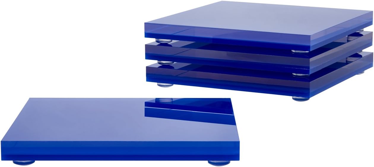 JR William Modern Coasters Set, Modern Home Decor Crystal Clear Acrylic and Asbury Blue Acrylic Coasters for Drinks - Square Acrylic Coaster Sets of 4 in Premium Gift Box Packaging - Blue