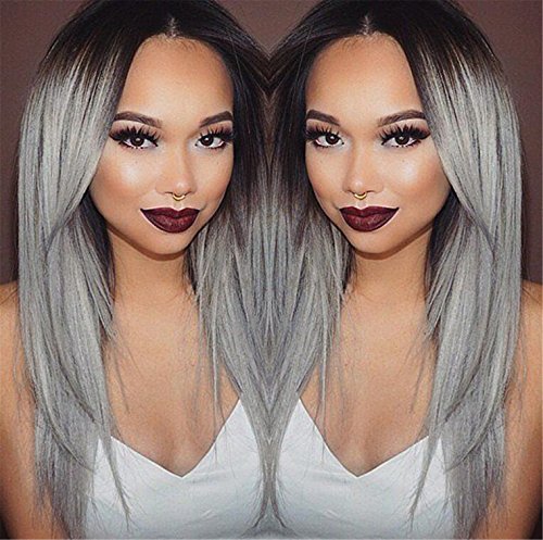Wigsforyou®long Straight Hair Black to Grey Ombre Wig Heat Resistant Fiber Synthetic Cosplay Wigs