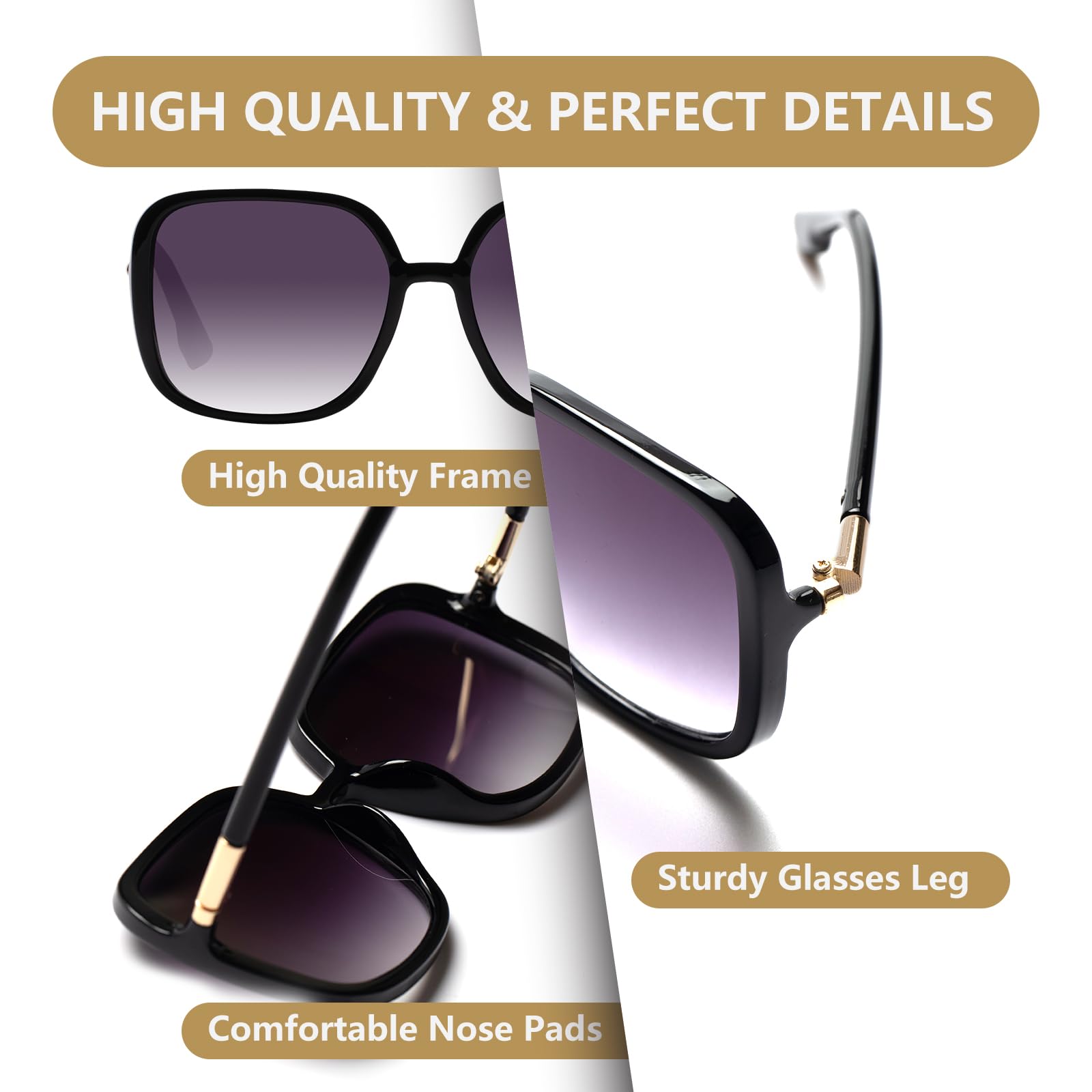 KAEOISFU Oversized Square Frame Reading Sunglasses Women, Black-gray Lens - Image 4