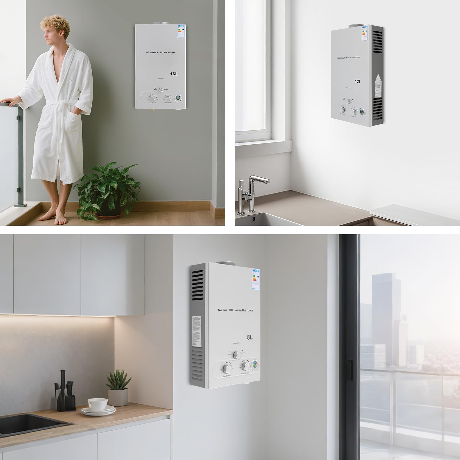 Calentador de agua de gas de 12 L LPG (24 KW), calentador de agua portátil con cabezal de ducha y manguera, eficiencia ≥ 80,8% para camping y caravanas, presión de arranque de 0,15 bar