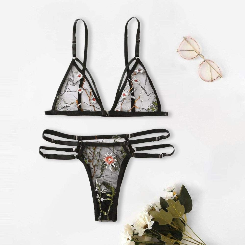 Mujer Sexy Negro con Encaje Sensual Elegante Fina Lenceria para DamaConjunto de lencería Mujer Tentadora Lencería Transparente Negra Sexy Tanga Ropa de Dormir-Black_XXL