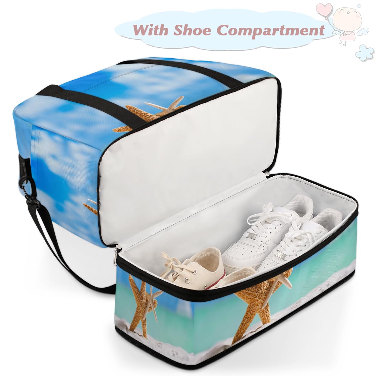 Ocean Beach Starfish - Bolsa de viaje plegable con diseño de estrella de mar de 47 litros, bolsa de fin de semana con funda para carrito de transporte, bolsa de hombro separada para deportes,