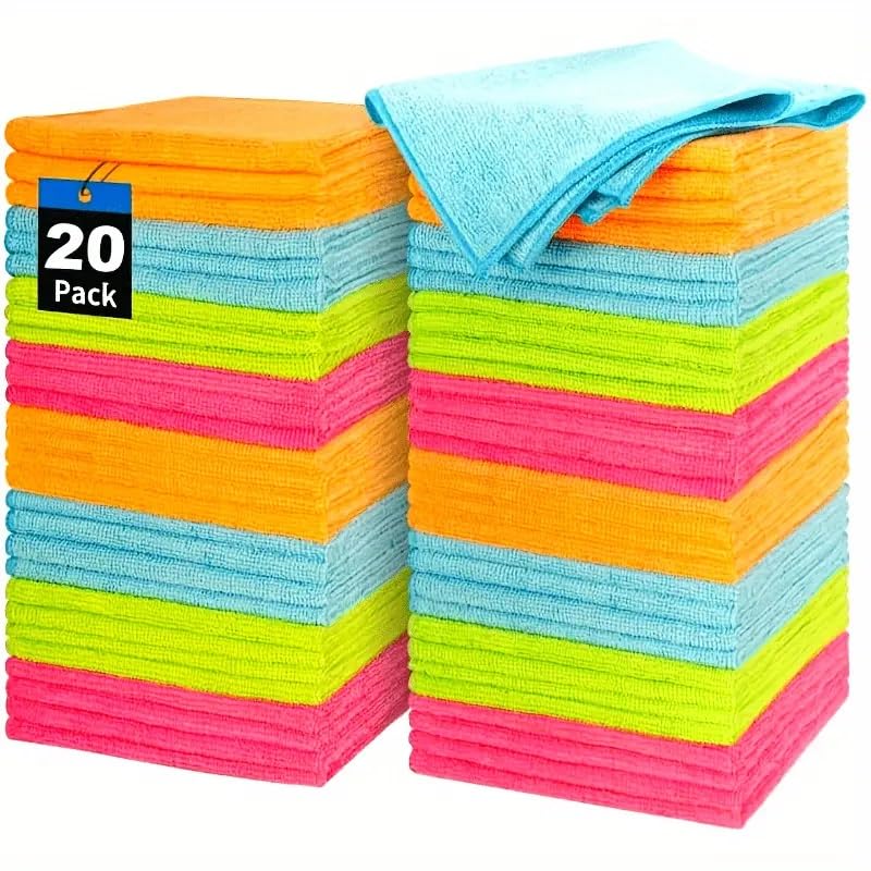 Microfiber Cleaning Cloth (Pack Of 20) Large Size (40x40cm/16×16") Multi Purposes Kitchen Towel Set Super Absorbent Reusable Cleaning Towels - Kitchen Cloth | Lint Free Cleaning Cloth