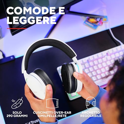 Trust Gaming Gxt 491W Fayzo Cuffie Gaming Wireless Bluetooth + 2.4 Ghz, Audio Surround 7.1, Batteria Da 22 Ore, 35% Plastica Riciclata, Rgb Cuffie Bluetooth Over Ear Pc PS5 PS4 Switch - Bianco - 6
