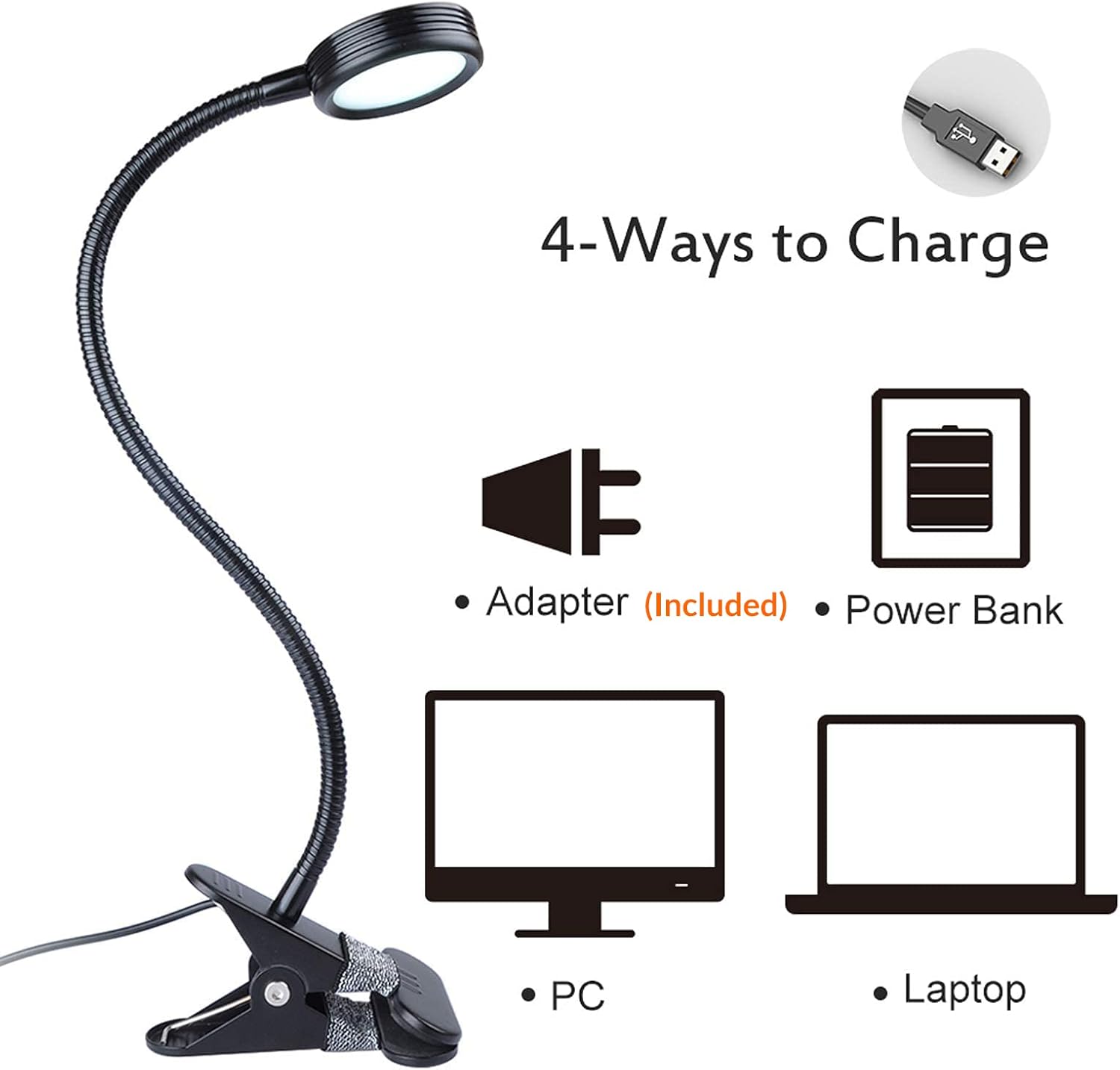 LEPOWER Clip on Light/Reading Lights/Book Light/Desk Lamp Color Changeable/Night Lights Clip on for Desk, Bed Headboard and Computers, Adapter Included (Black) - Image 7