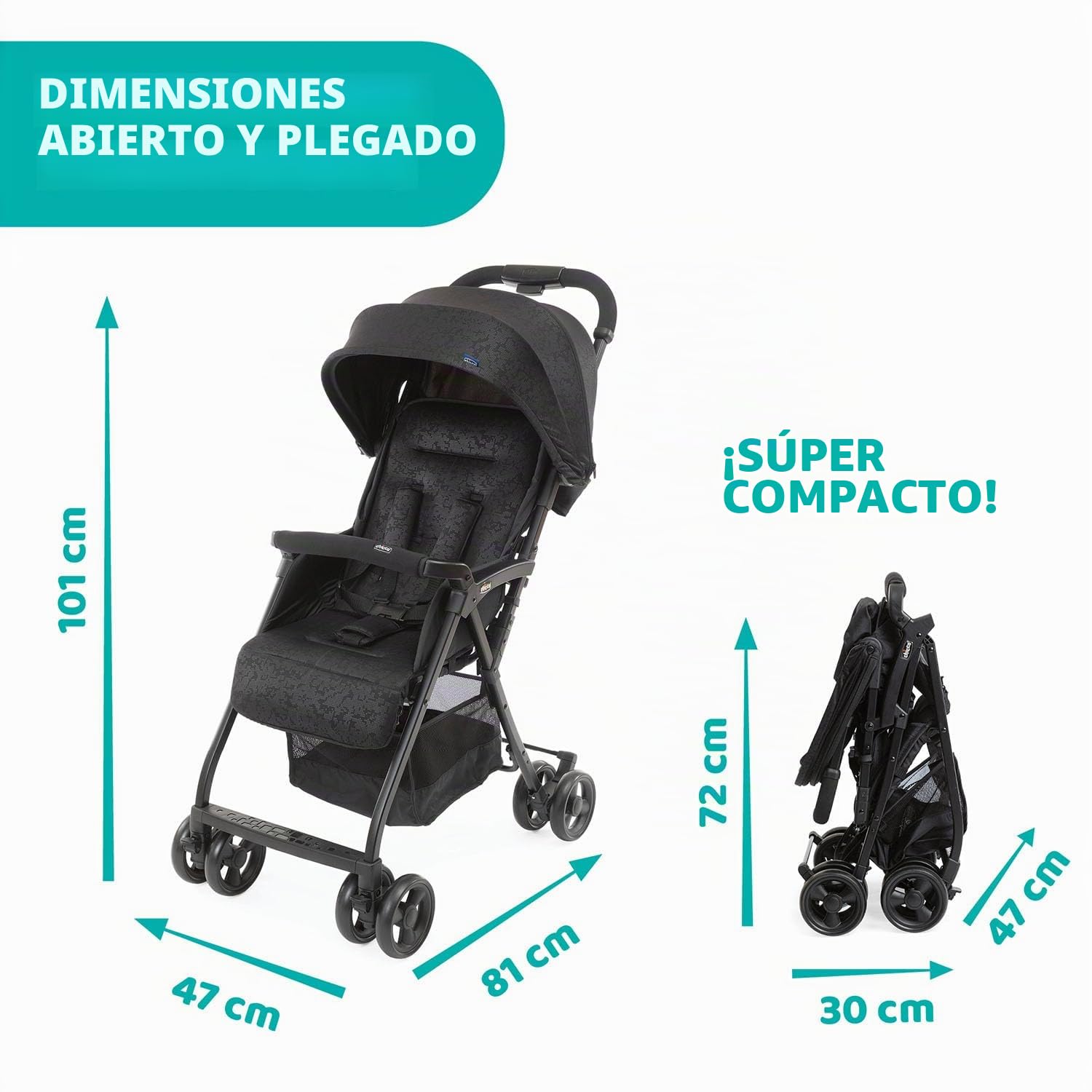 Chicco OHlalà 3 Cochecito ultraligero desde 0 meses hasta 15 kg, capacidad máxima 18 kg, reclinable y plegable con cesta espaciosa, cierre compacto, protector contra la lluvia y capota extensible