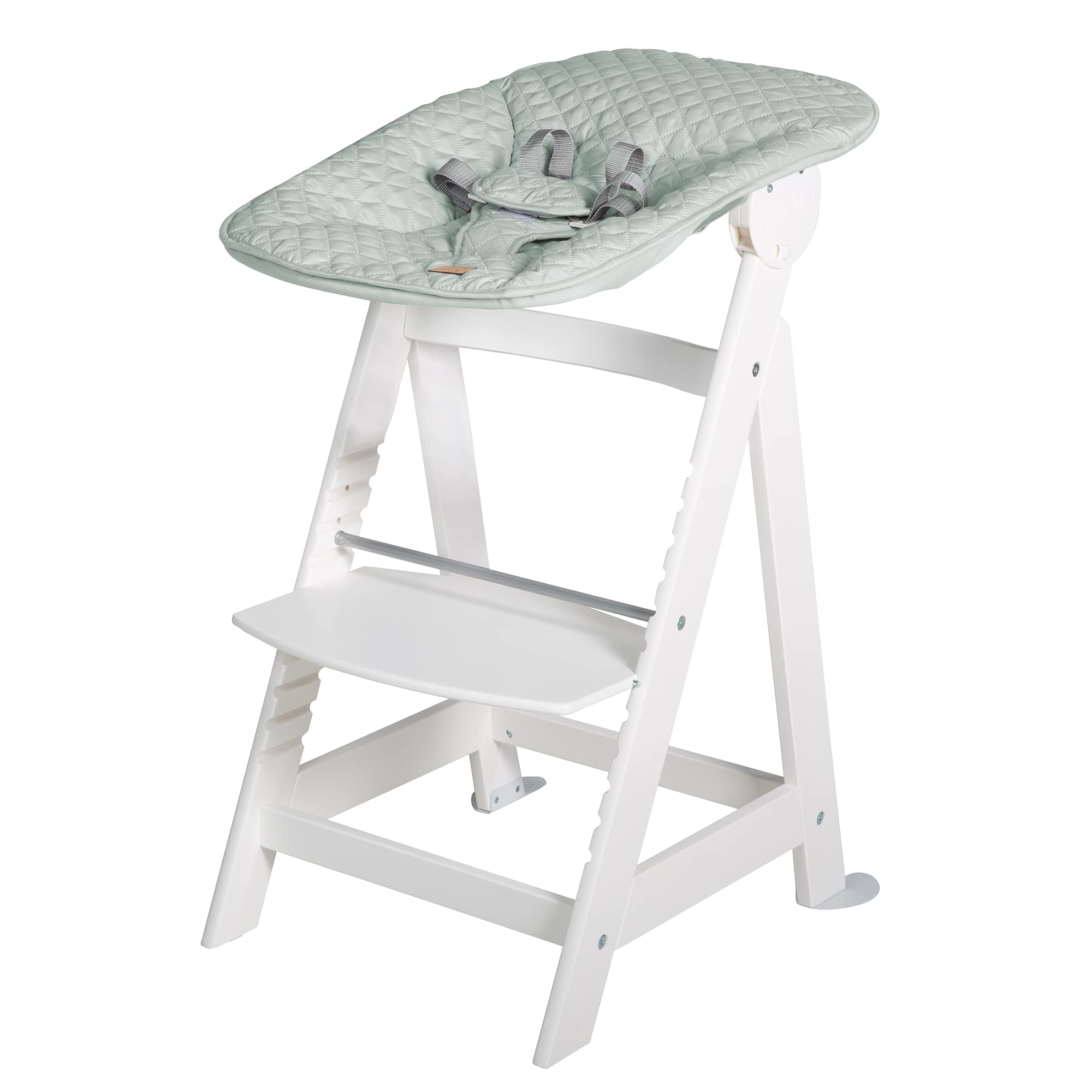 roba Seggiolone Evolutivo Born Up 2in1, Sdraietta roba Style Verde Ghiaccio Reclinabile, Fodera Impermeabile, Altezza Regolabile, Robusto e Resistente, Ergonomico, fino ai 70 kg, Legno Laccato Bianco