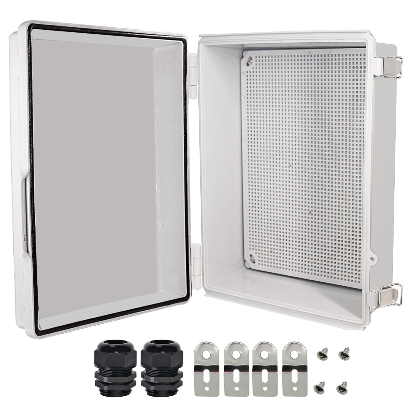Zulkit Abzweigdose, IP67 wasserdichte elektrische Box, Scharnierabdeckung, Edelstahlschnalle, Kunststoffgehäuse für Projekte, mit Montageplatte, Wandhalterung und 2 Kabelverschraubungen, Grau, 380 x