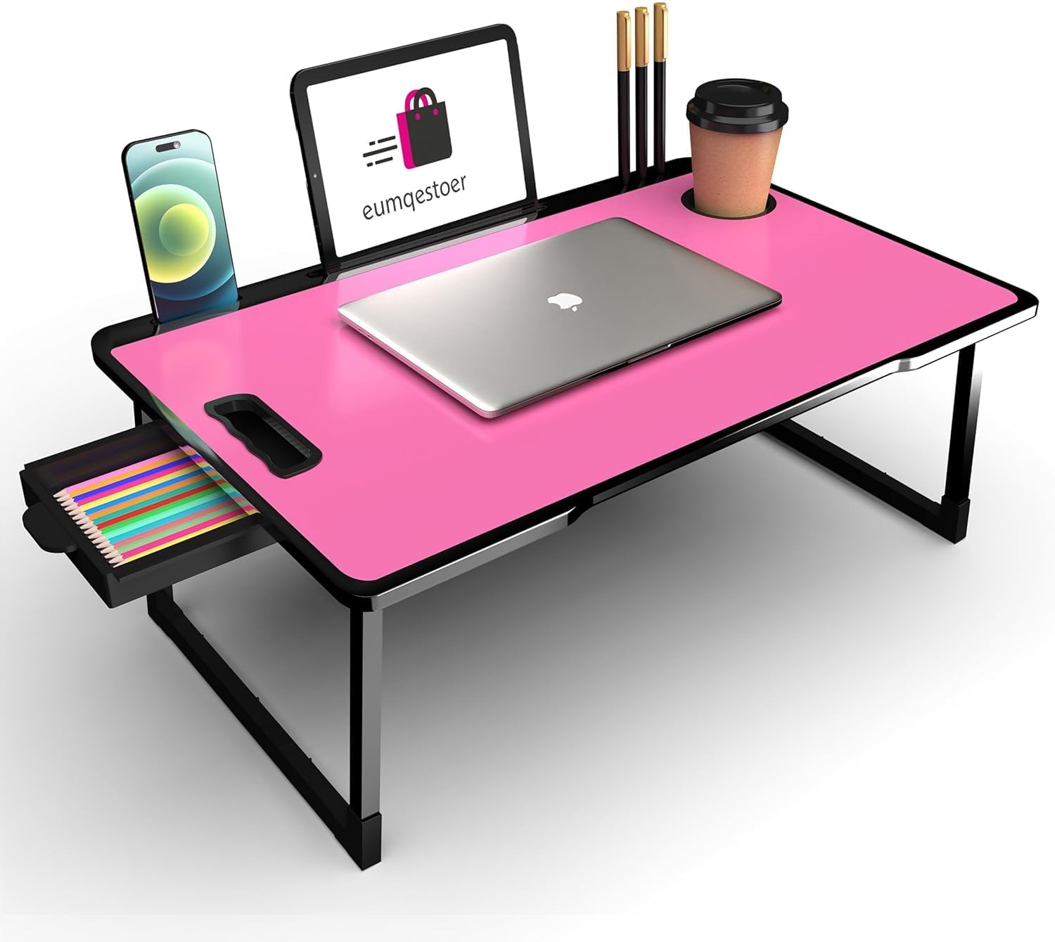 MANKITA Foldable Wooden Mini Laptop Table for Bed, Study Table with Drawer, Tablet/Mobile Holder for Kids & Adults (U-PINK COTTEED)