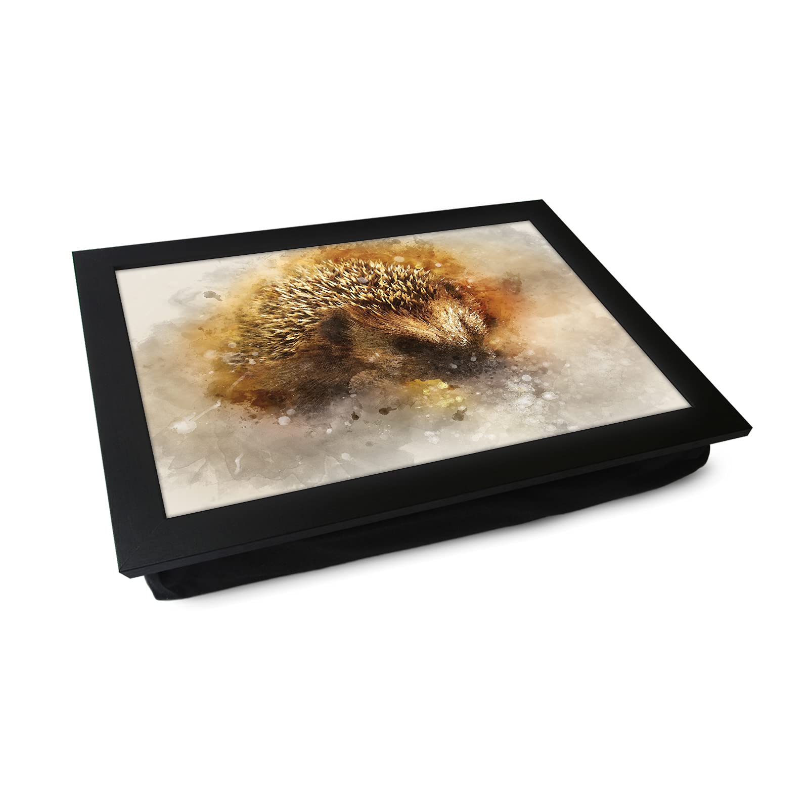 Portable Lap Desk Tray (Water Colour Hedgehog) Handmade Wooden Frame, Beanbag Cushioned Bottom | Computers, Laptops, Meals, Food | Made In UK | L836 Black
