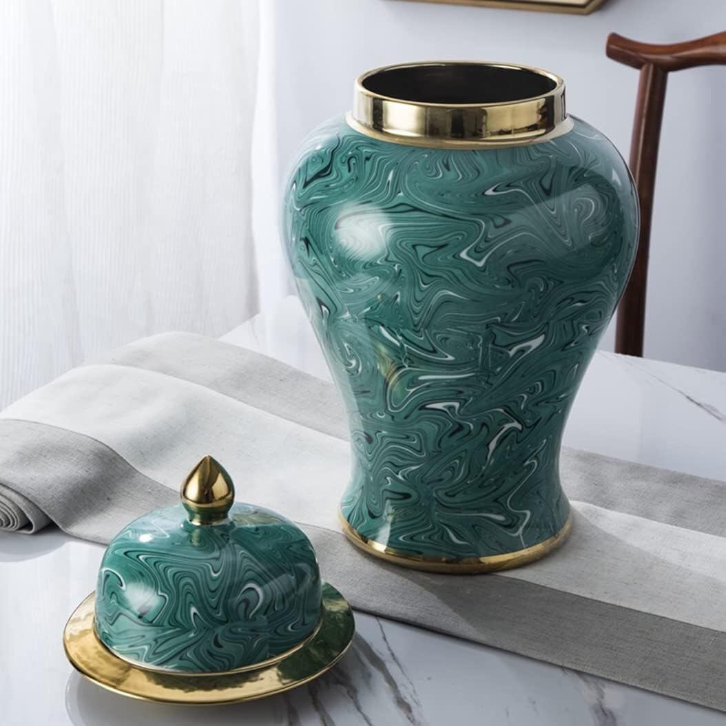 słoik na imbir, Zielony słoik na imbir ze złotym wykończeniem porcelanowy(19 * 37cm)