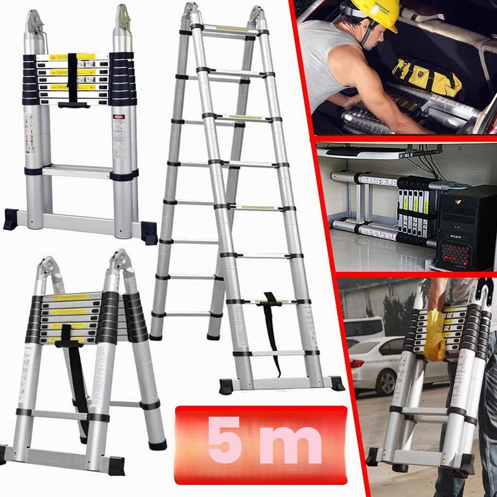COOCHEER Escalera telescópica Plegable 5M, 2 en 1, Escalera Plegable de Aluminio con 16 peldaños, Carga máxima 150 kg, Plata Pura