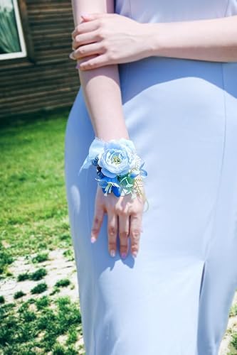 Miniatura 4 de Ansofi Juego de ramillete de peonía y boutonniere azul claro, pulseras de ramillete de flores artificiales para graduación, pulsera de ramillete de