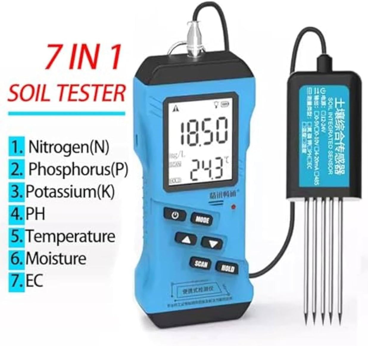 7-in-1 Soil Tester - pH, NPK, Moisture, Humidity & Nutrient Meter for Gardening & Farming - Digital Soil Fertility Analyzer for Plant Health & Growth